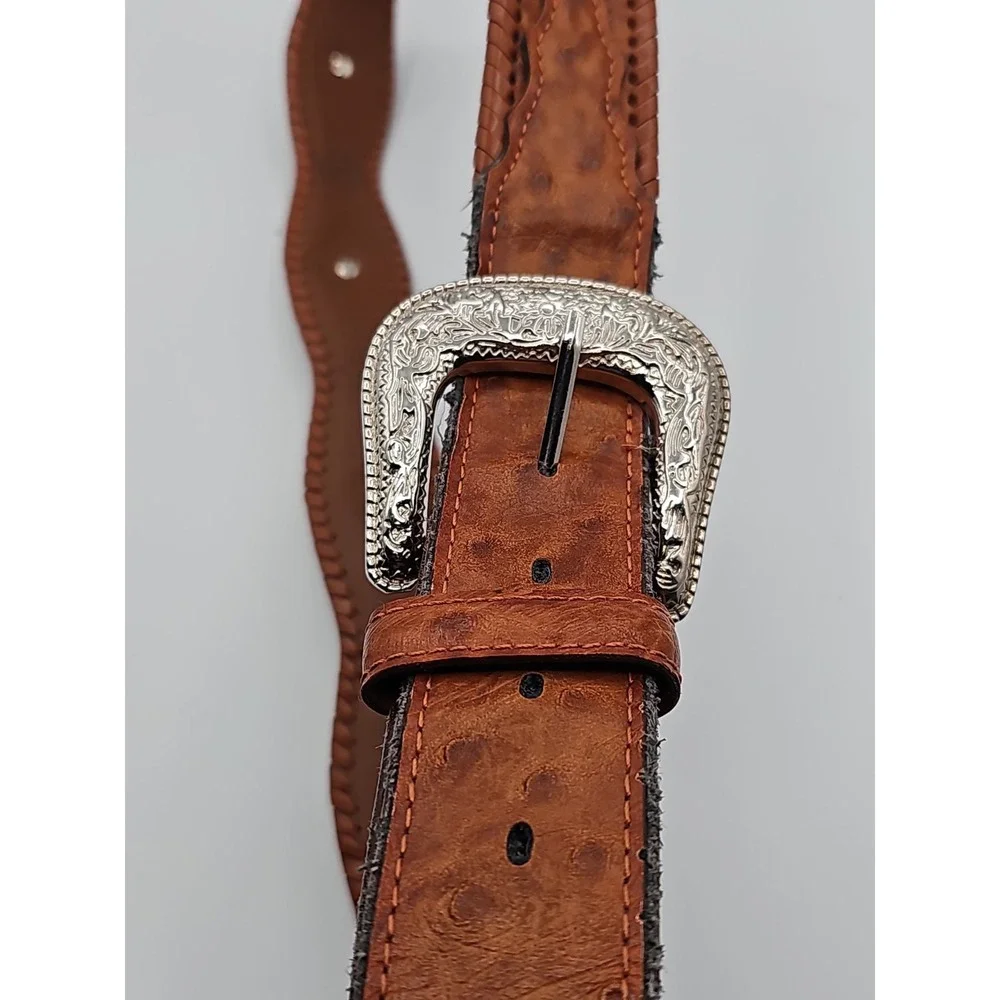 Vintage Western Brown Leather Belt Silver Conchos Ornate Buckle 38-42